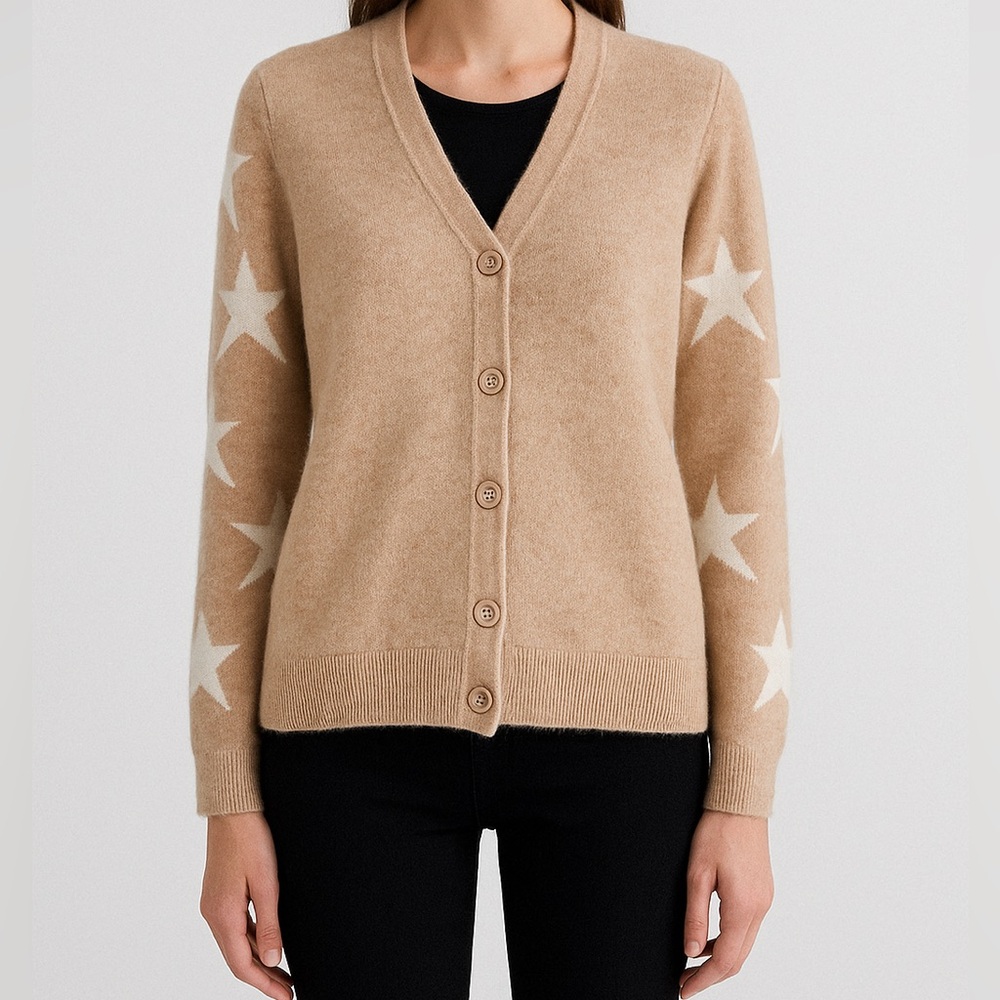 M Magaschoni 100% Cashmere Cardigan Sweater NWOT Tan Stars Size XS